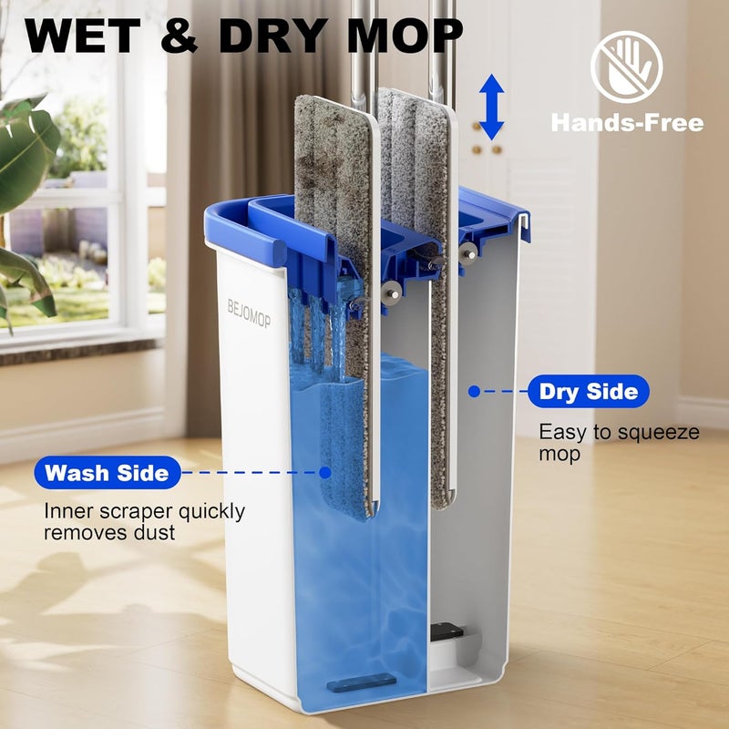 BEJOMOP Mop and Bucket Set with Wringer, Dry & Wet Dust Mop for Household Floor Cleaning with 5 Microfiber Mops, Flat Squeeze Spin Wall Mop Cleaner with Long Handle, Slate Blue - Image 2